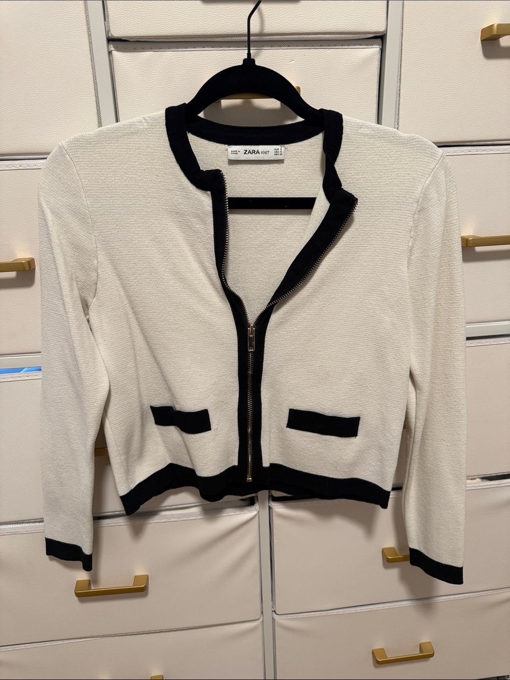 Zara Cream Knit Zip Cardigan with Black Trim